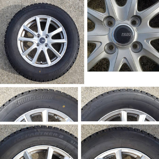 カローラフィールダー スタッドレスタイヤ アルミホイール ブリヂストン ICEPARTNER2 195/65R15 PCD4-100 5.5J インセット42 4本セット中古