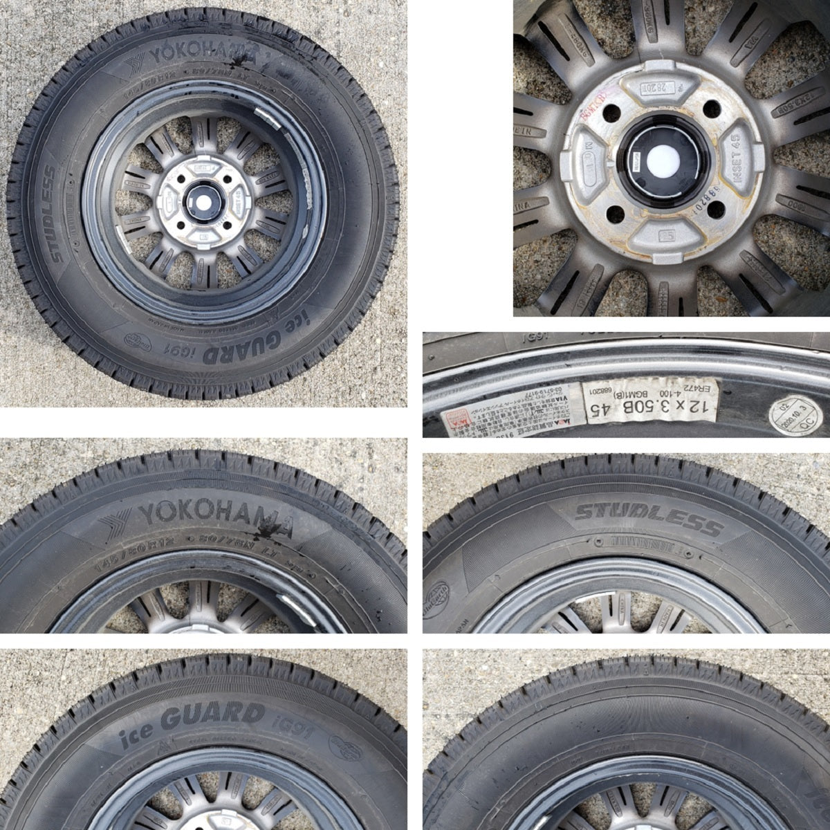 スタッドレスタイヤ アルミホイール ヨコハマタイヤ YOKOHAMA ice GUARD iG91 145/80R12P.C.D.4-100 3.5J インセット45 4本セット 中古