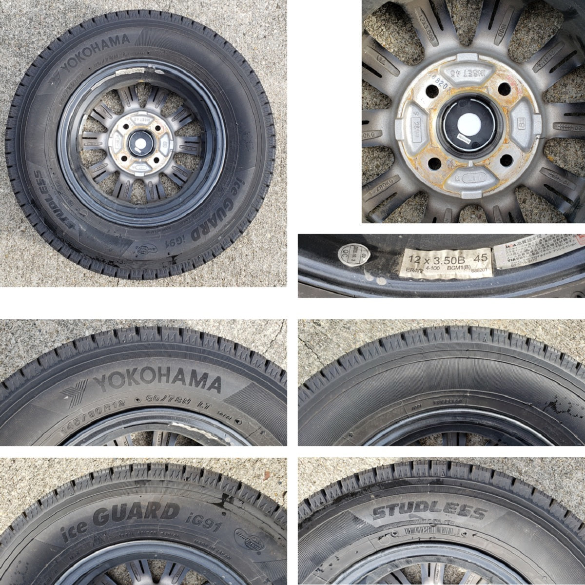 スタッドレスタイヤ アルミホイール ヨコハマタイヤ YOKOHAMA ice GUARD iG91 145/80R12P.C.D.4-100 3.5J インセット45 4本セット 中古