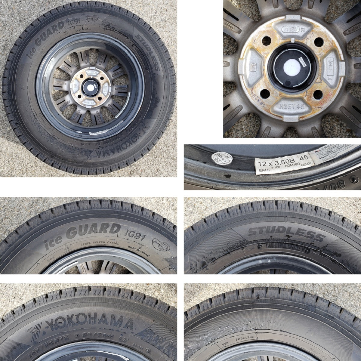 スタッドレスタイヤ アルミホイール ヨコハマタイヤ YOKOHAMA ice GUARD iG91 145/80R12P.C.D.4-100 3.5J インセット45 4本セット 中古